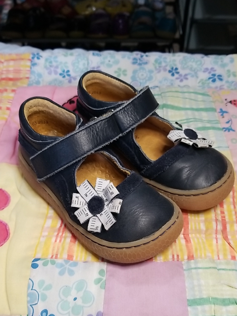 Livie & Luca Navy Blue Mary Janes with Tape Measure Flower Size 8 "Metric"